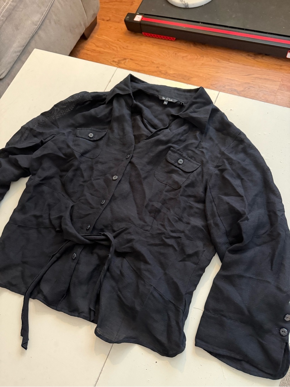 Nic+Zoe Black Silk Linen Tie-Waist Blouse Button-Down Shirt Quite Luxury Classic - Picture 3 of 8